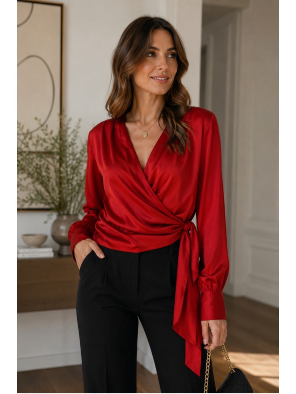 Karmamia Red Satin Wrap Blouse Women's XS Long Sleeve Tie Waist Luxury Top
